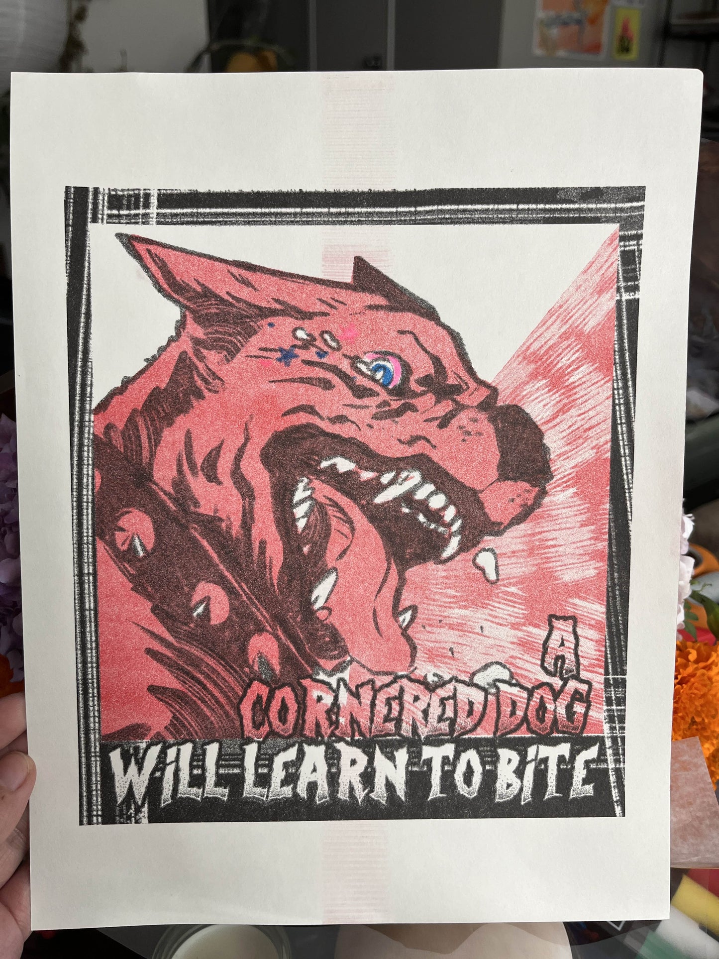 A cornered dog will BITE! Riso misprint